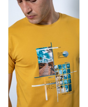 T-shirt cotton t-shirt with blue print in mustard color