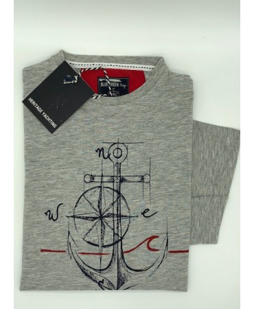 Cotton T-shirt with Blue Green Gray Anchor Print